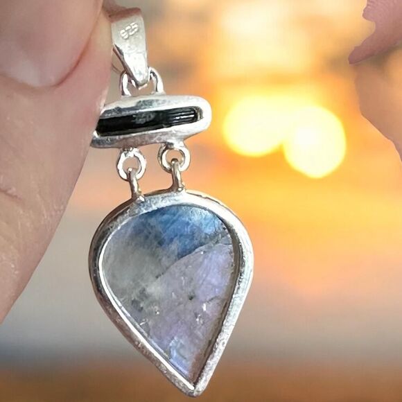 Sterling Silver Natural Black Tourmaline In Rainbow Moonstone Pendant - Picture 7 of 7